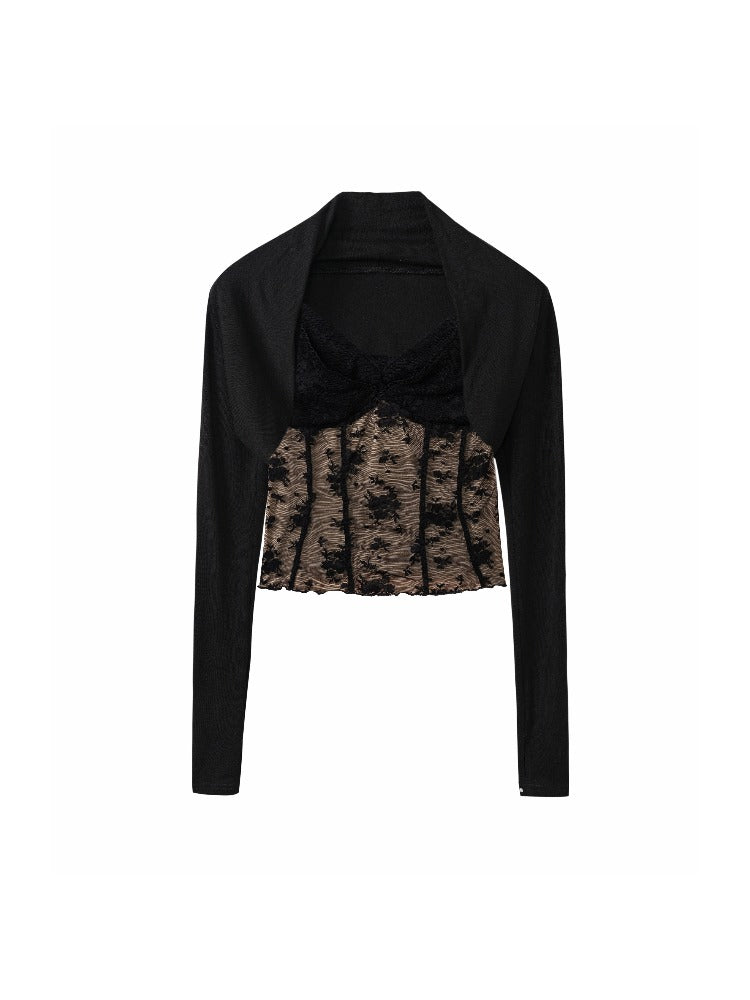 Black Lace Shawl Cami Set