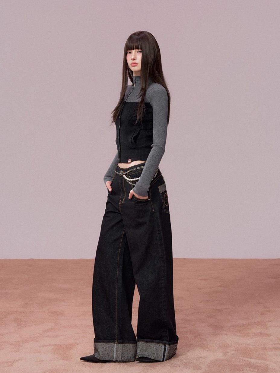 Color-Block High Neck Knit Top & Fringe Cape Set