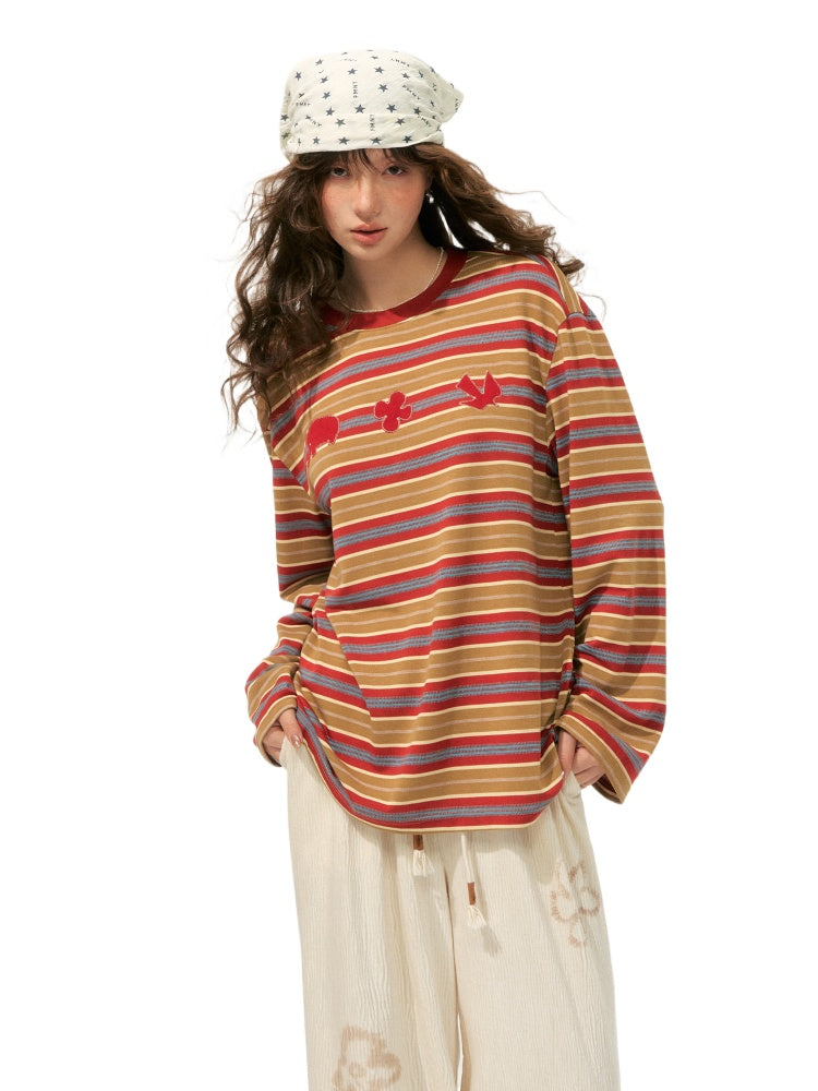 Color-Block Applique Embroidered Striped Long-Sleeve T-Shirt