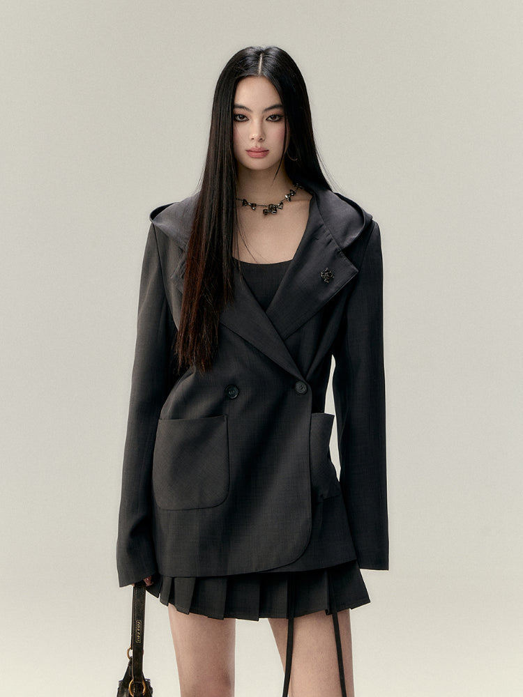 Hooded Waist Cinching Double-Breasted Blazer