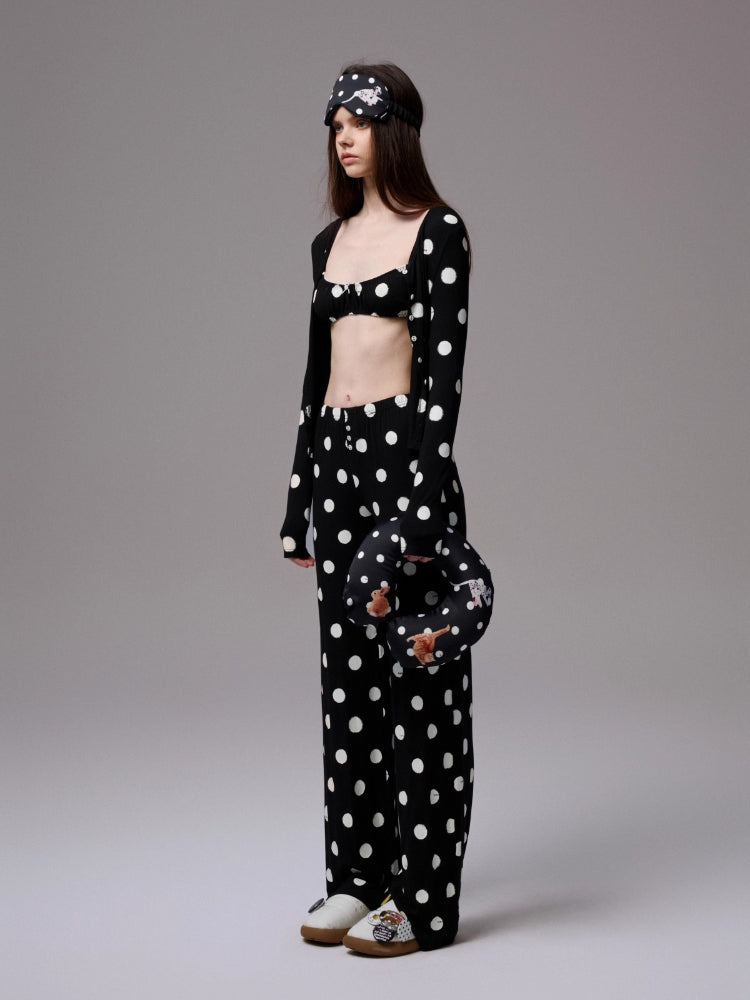 Contrast Polka Dot Lace-Trim Wireless Bra Two-Piece Set