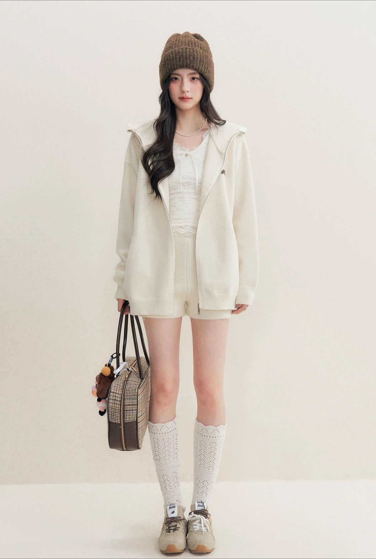 Beige Hoodie Knit Three-Piece Set