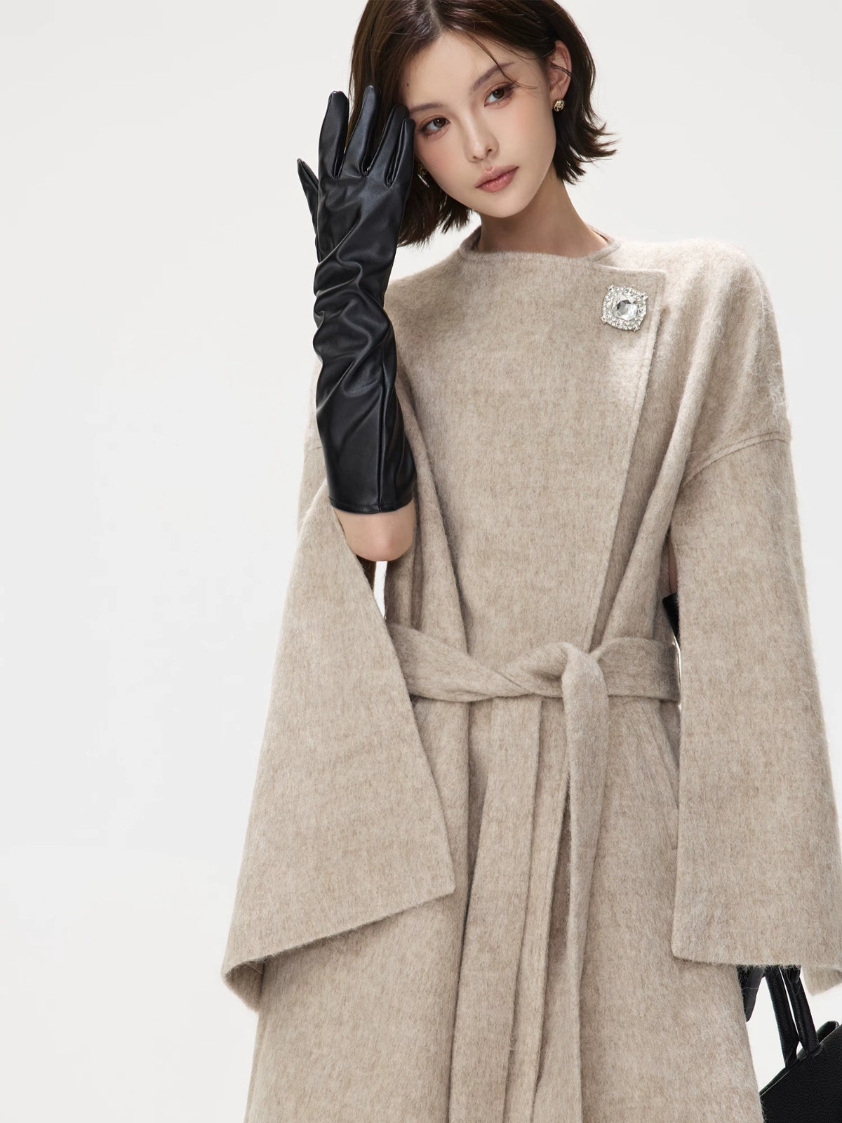 Embellished Buckle Belted Wool Blend Coat