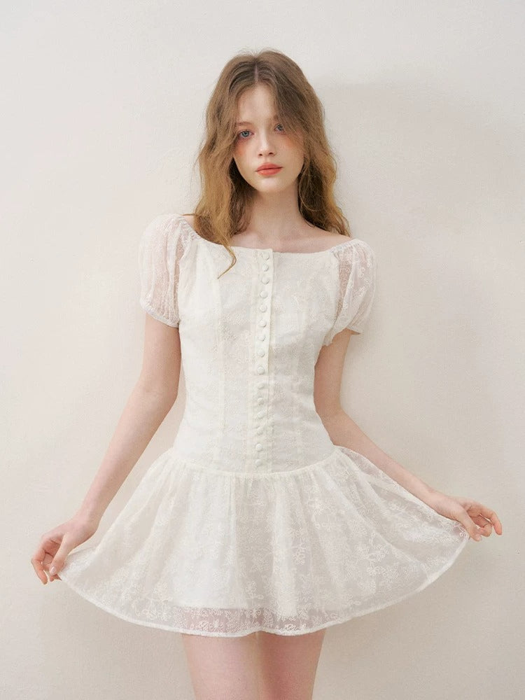 Apricot Floral Embroidered Puff Sleeve Dress