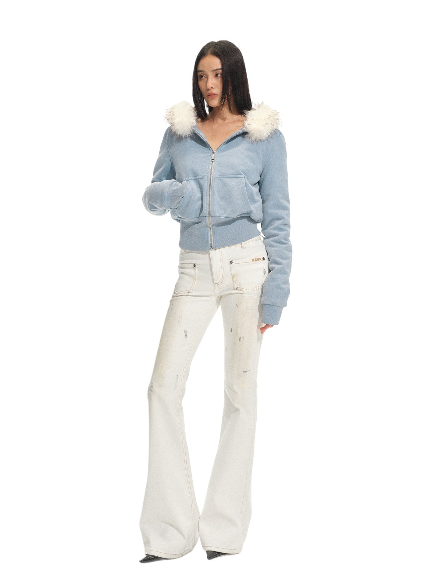 Fox Fur Trim Washed Cotton Fitted Hoodie