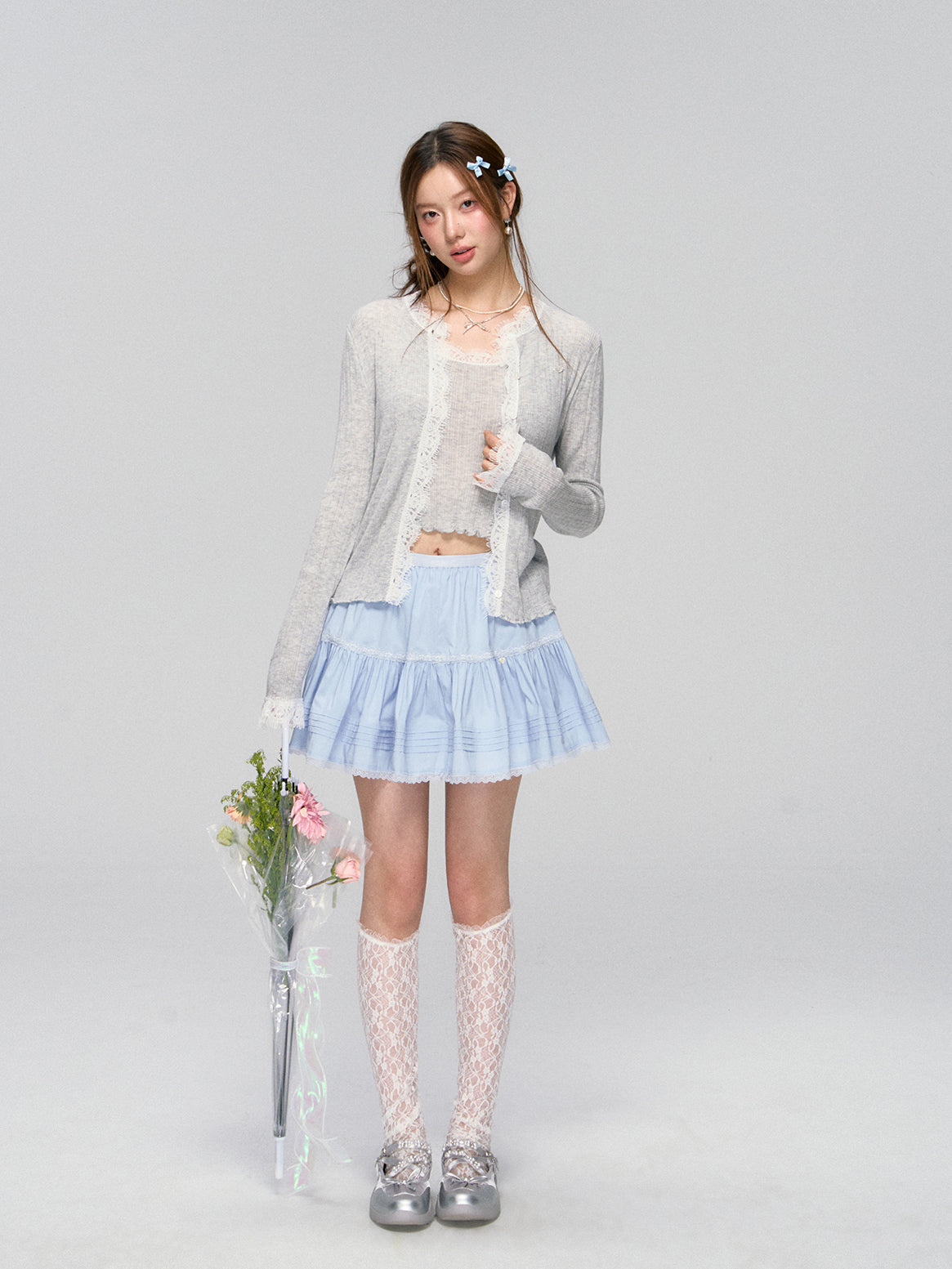 Blue Lace Trim Layered Skirt