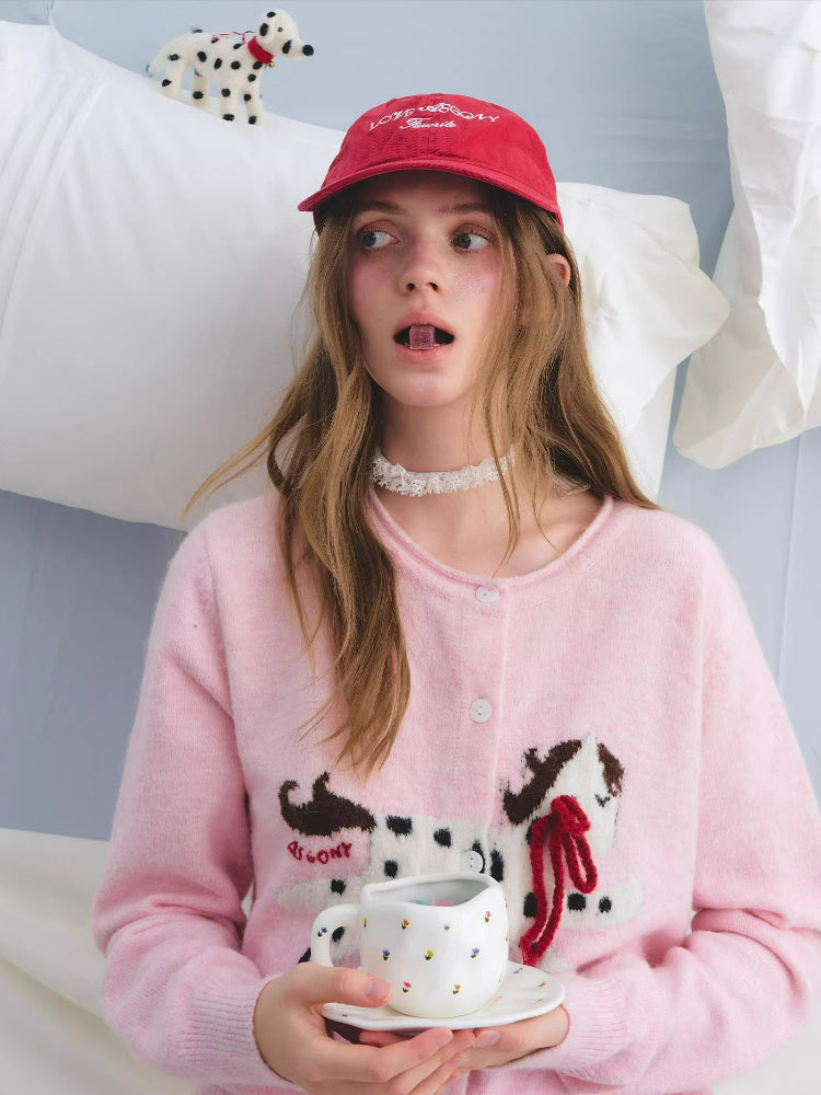 Pony Jacquard Bow Crewneck Knit Cardigan