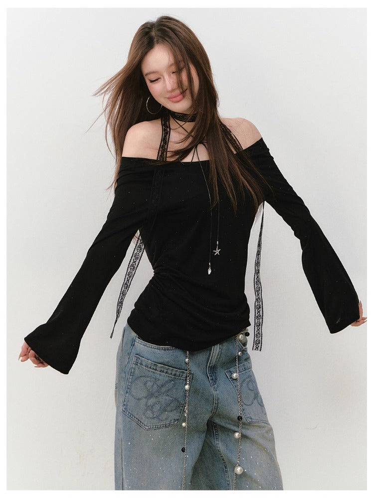 Off-Shoulder Backless Beaded Sun-protection T-shirt