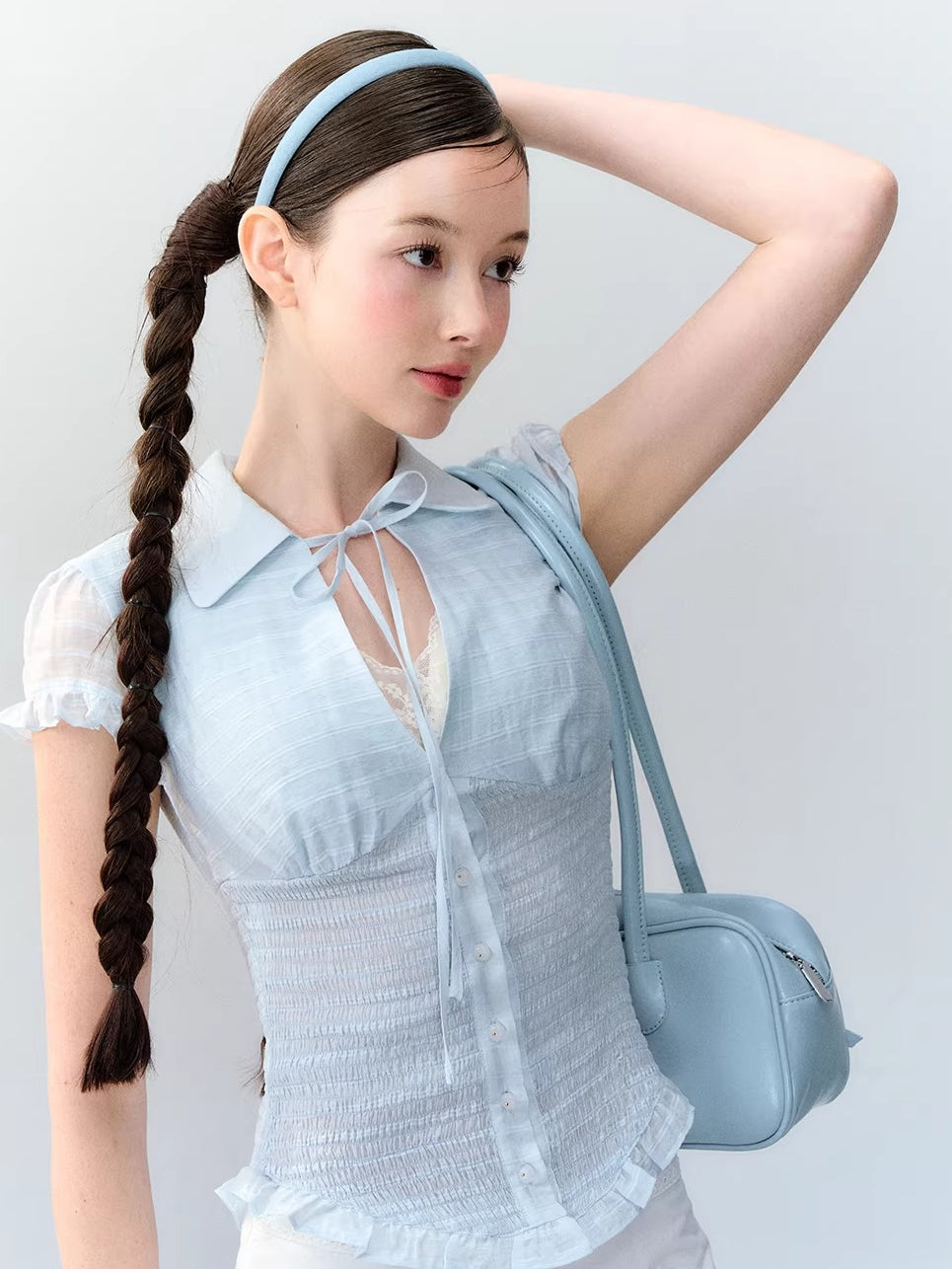 Blue & Brown Ruffle Tie Blouse