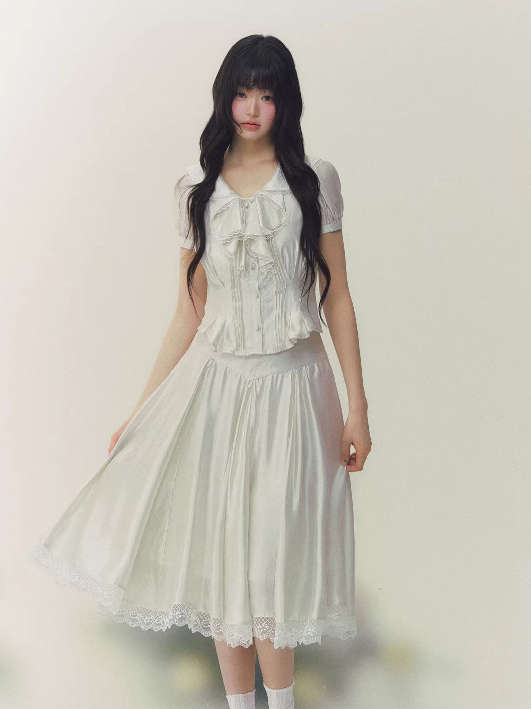 Lace Trim Blouse & Skirt Set