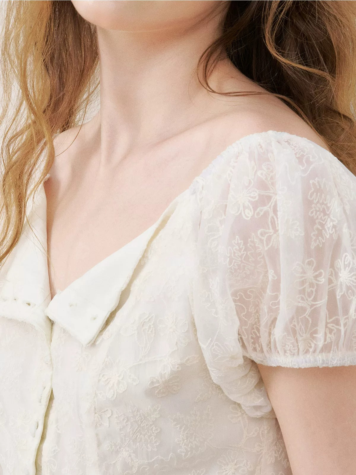 Apricot Floral Embroidered Puff Sleeve Dress