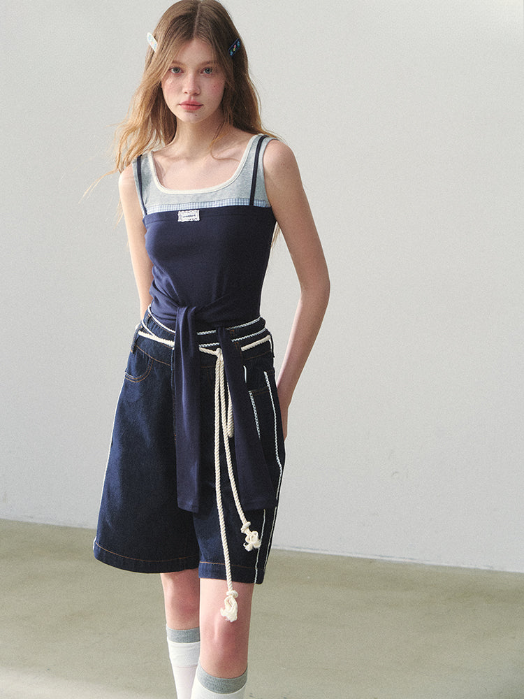 Lace-adorned Polka-dot Denim Capri Pants