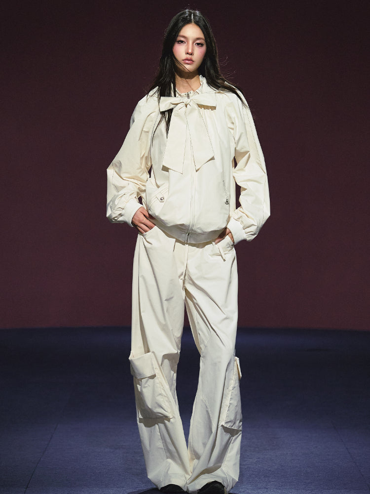 Neckline Tie Striped Sun-Protective Jacket & Pants Set