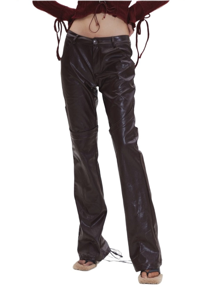 Black & Burgundy Embroidered PU Pants
