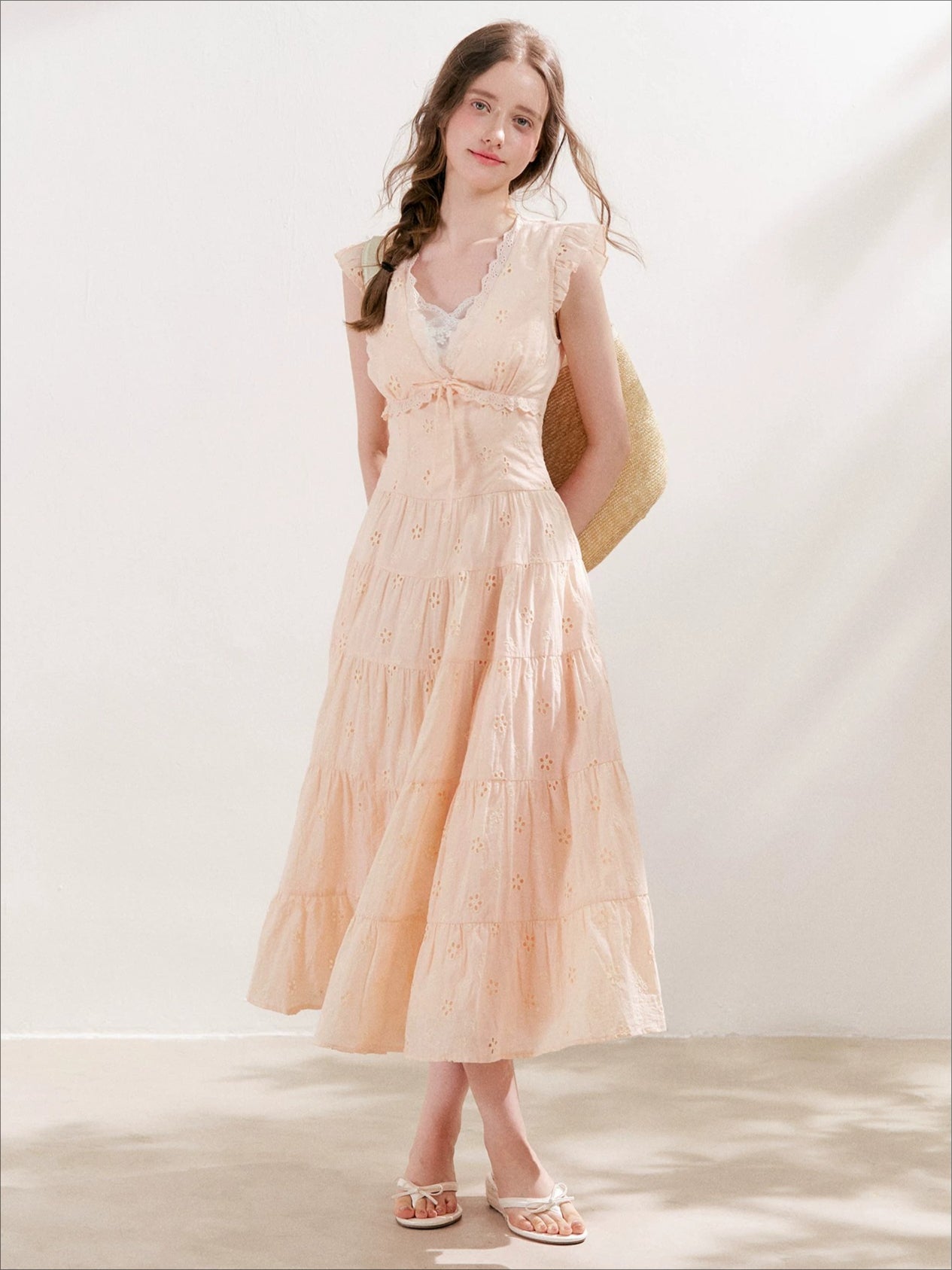Apricot Orange Eyelet Tiered Dress