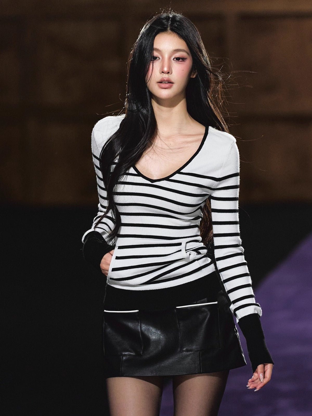 Striped V-Neck Epaulet Long-Sleeve Tee