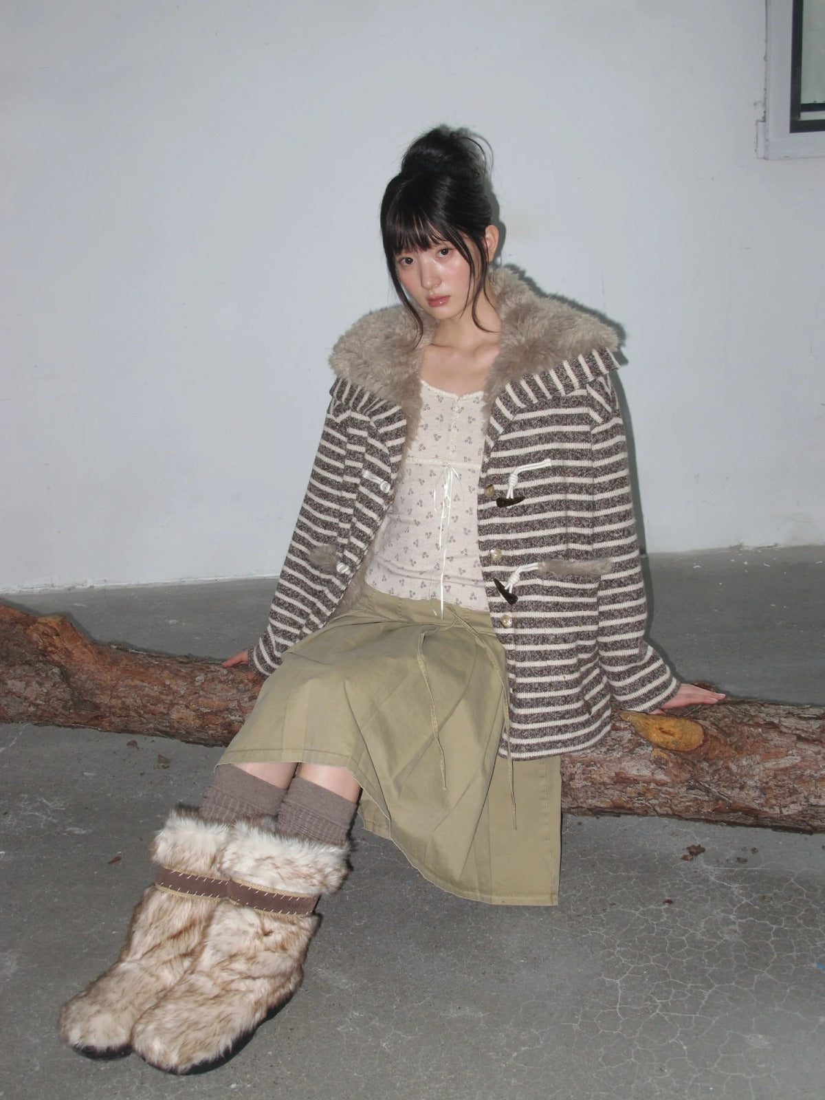 Striped Horn-Button Collar Coat
