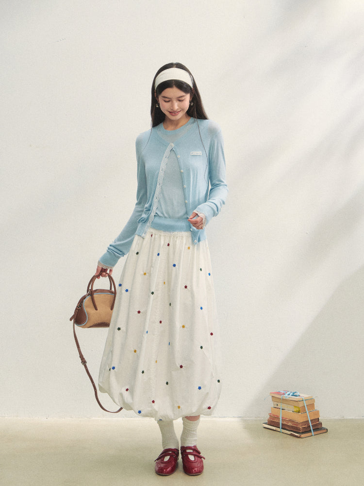 Lace Trimmed Crew Neck Knitted Cardigan Set