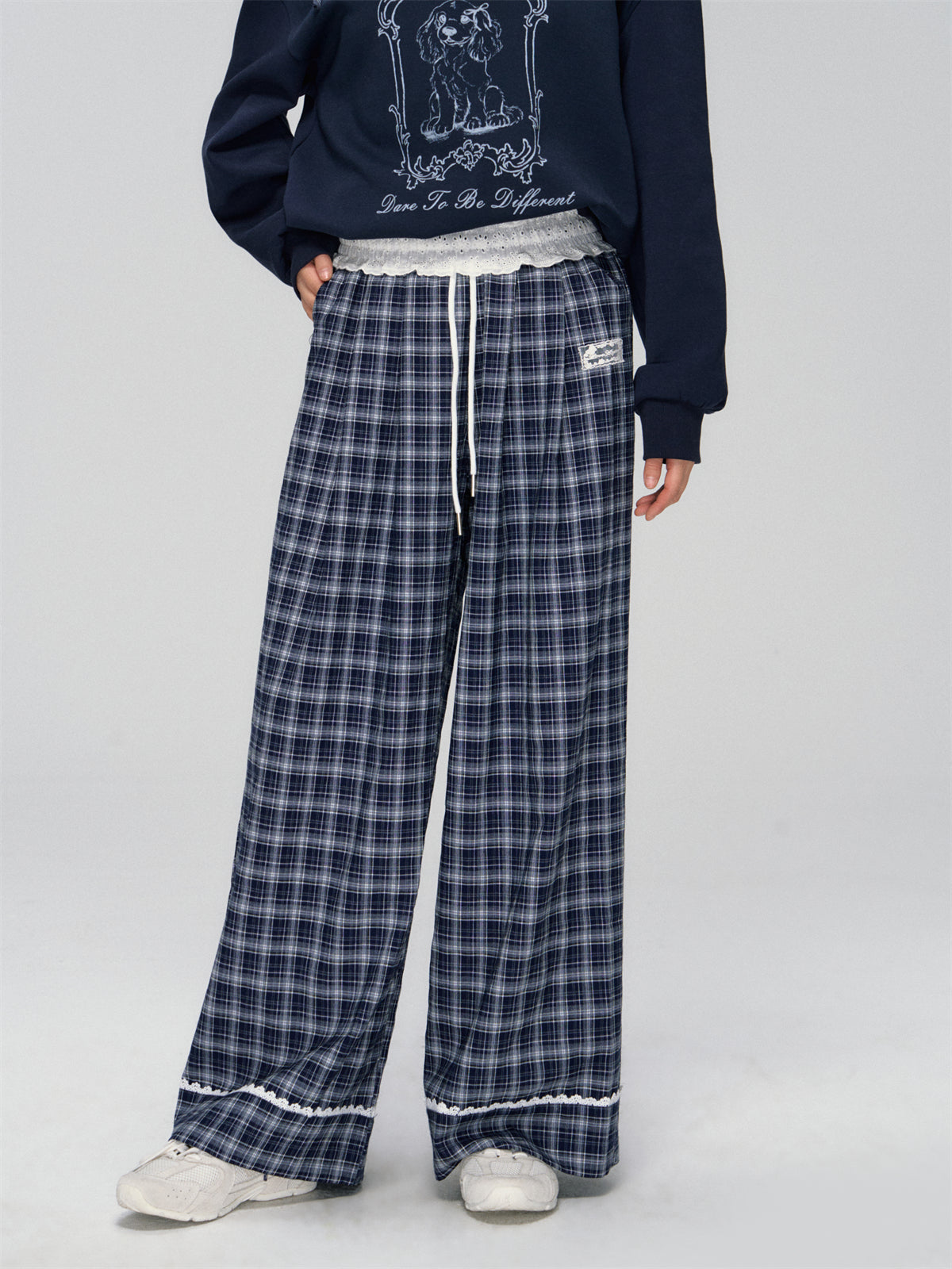 Navy Lace-Trim Plaid Pants