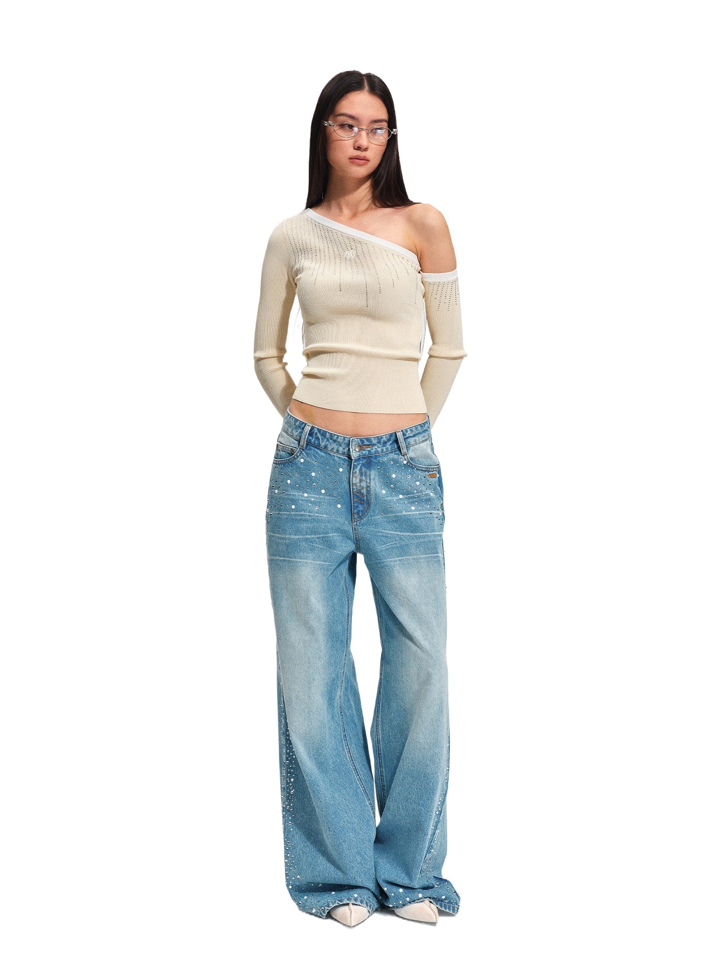 Rhinestone Asymmetric Knit Top