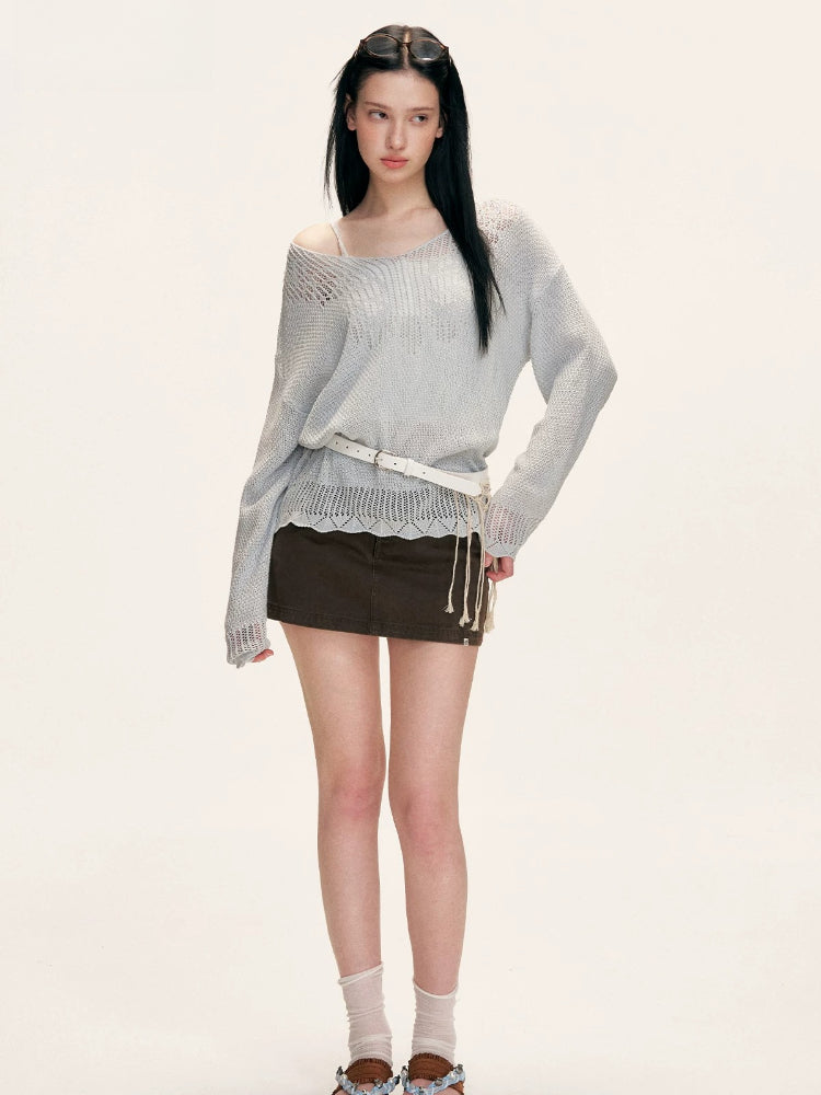 Brown Contrast Waist Denim Skirt
