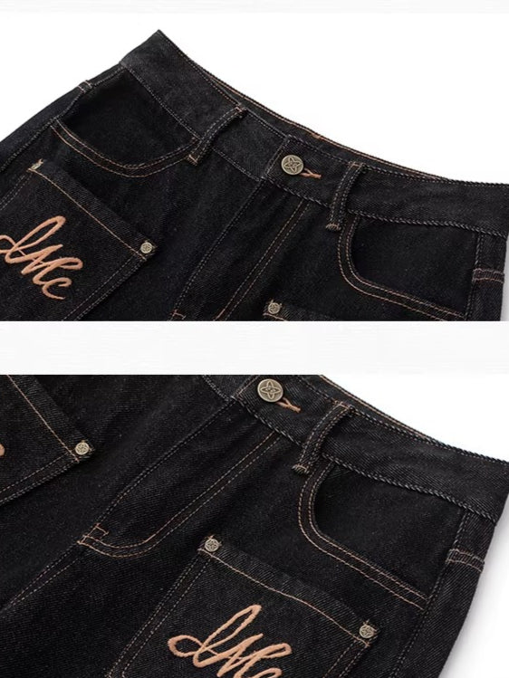 Vintage Black Denim Embroidered Wide Leg Pants