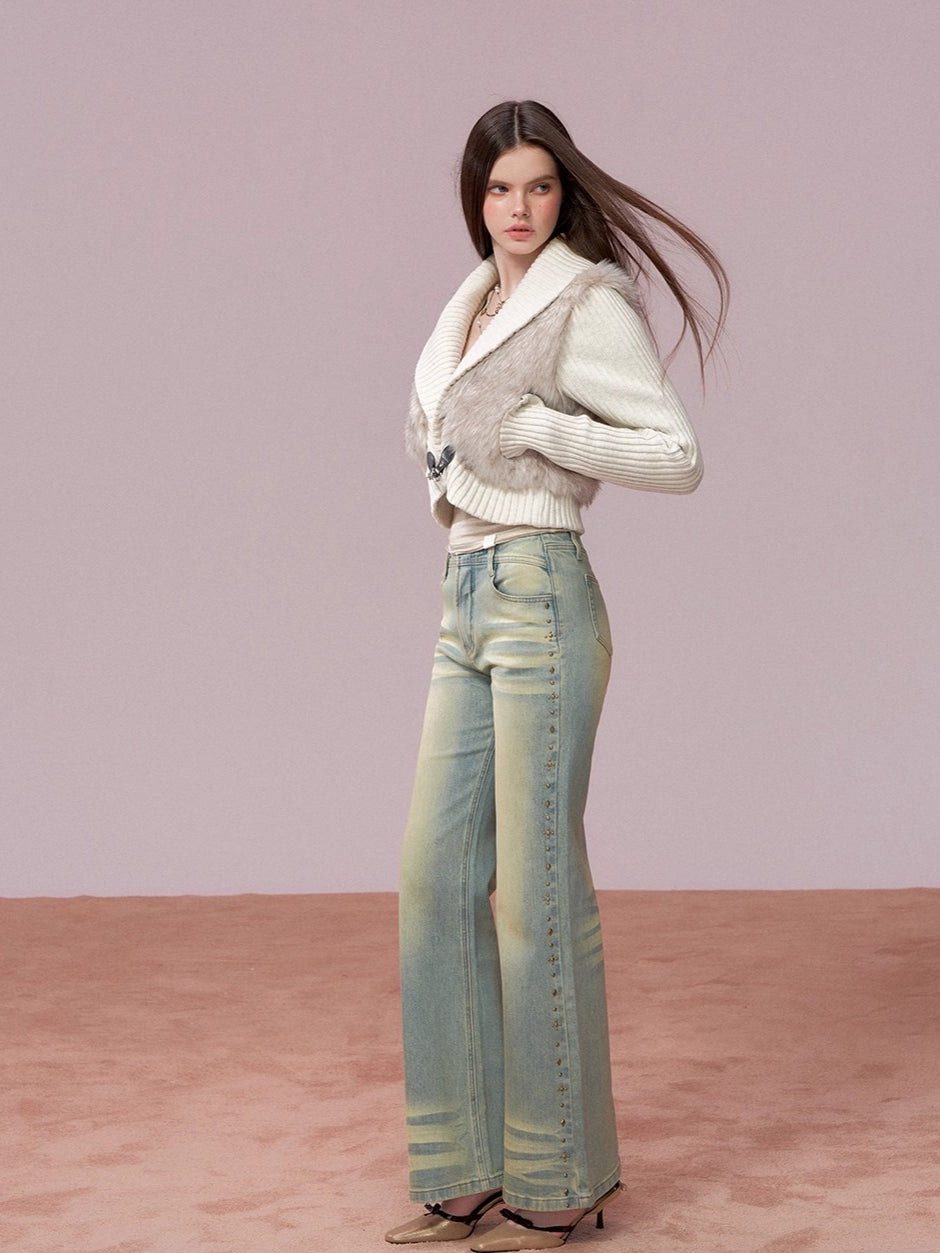 Faux Fur Panel Knitted Short Jacket