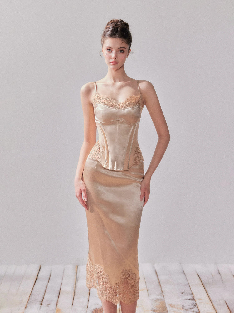 Lace Satin Boned Embroidered Cami & Skirt Set