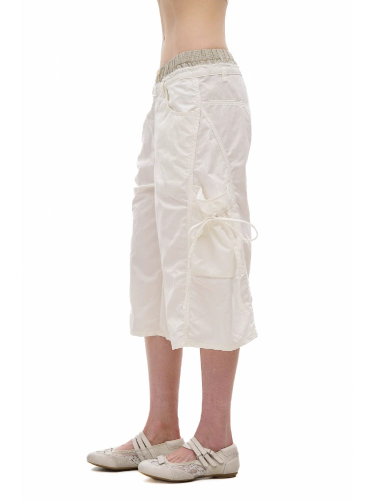 2-in-1 Plaid Satin Ribbon Bow Capri Pants