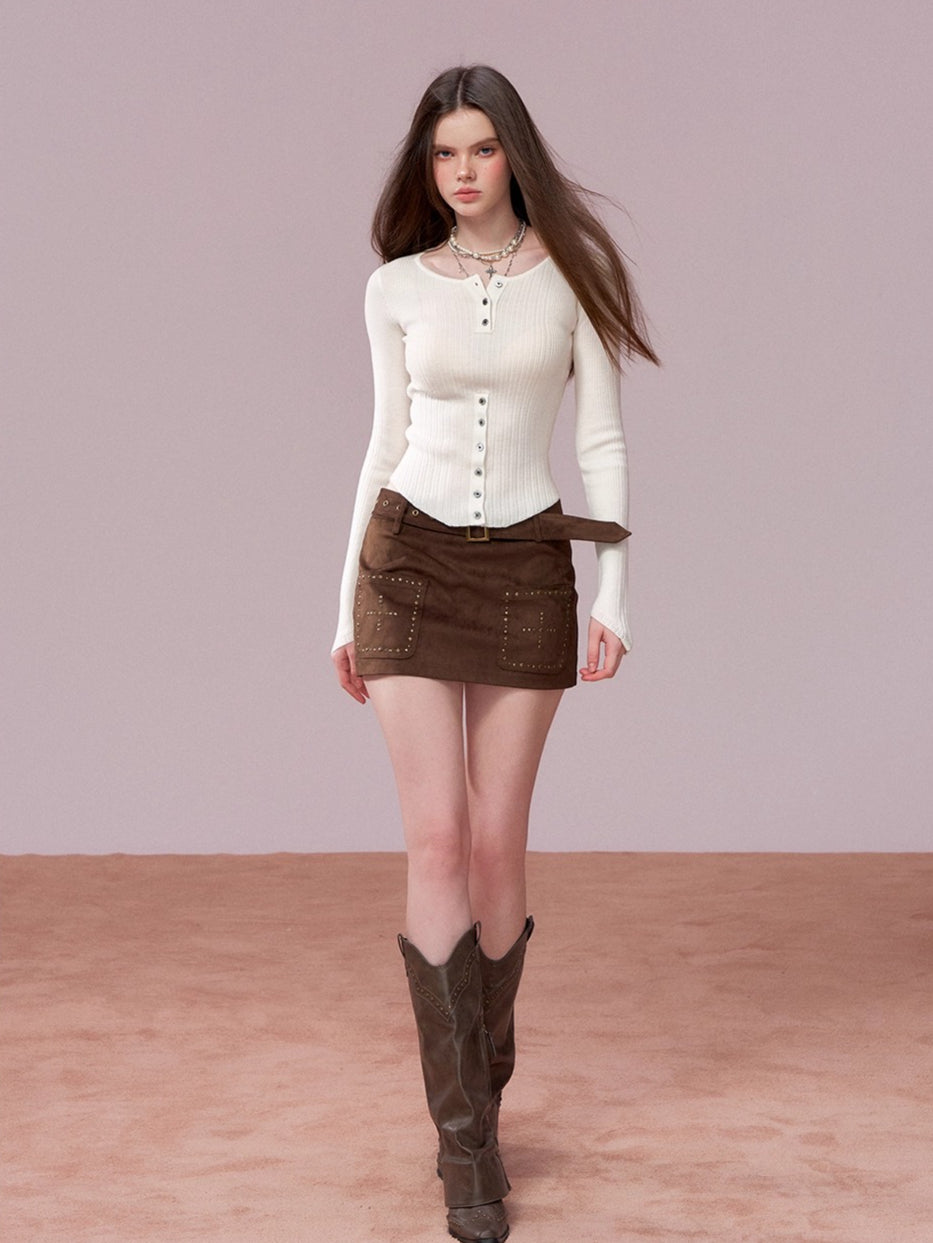 Studded Belt Faux Suede A-Line Skirt