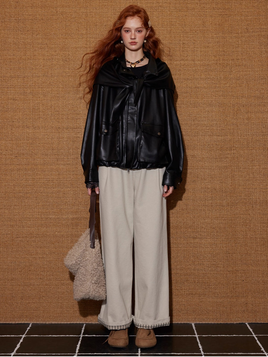 Plaid Cuff Wide-Leg Pants