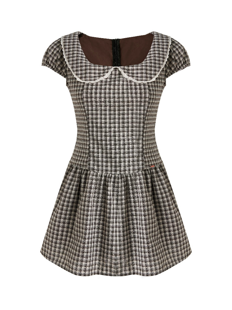 Plaid Pan Collar Puff-Sleeve Dress