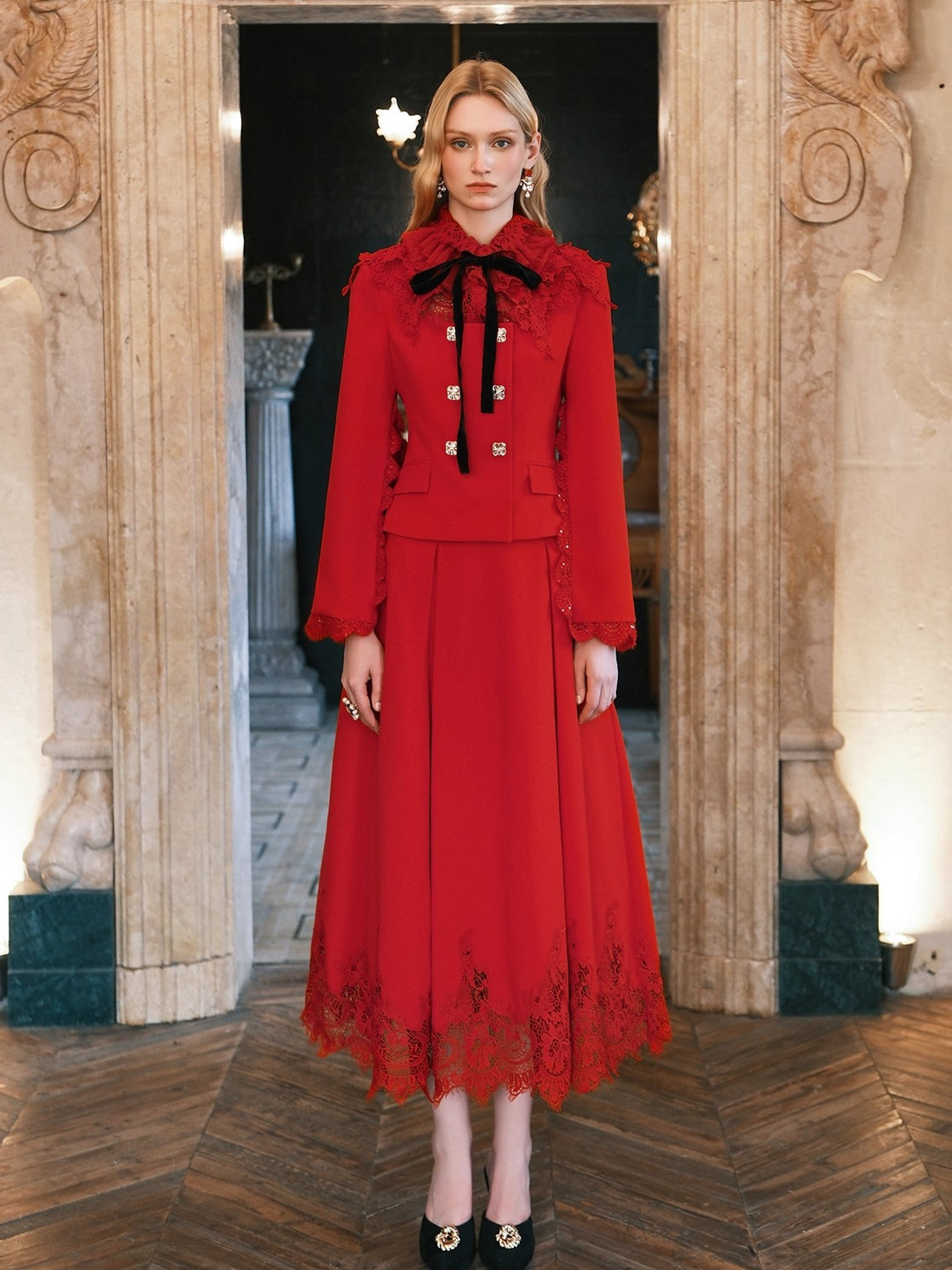 Mirage Vintage Lace-Collar Blazer & Flared Skirt Set
