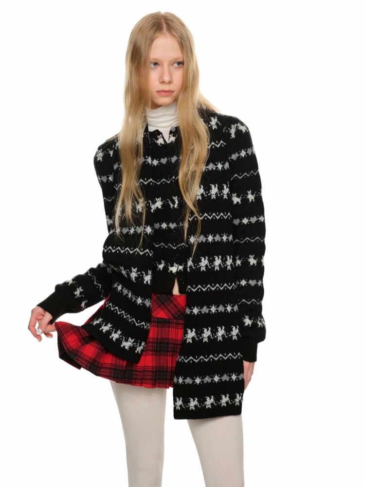 Cat Jacquard Slim-Fit Knit Cardigan & Scarf