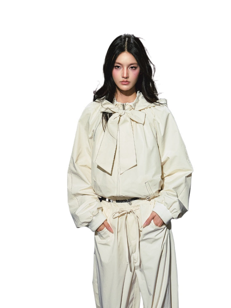 Neckline Tie Striped Sun-Protective Jacket & Pants Set