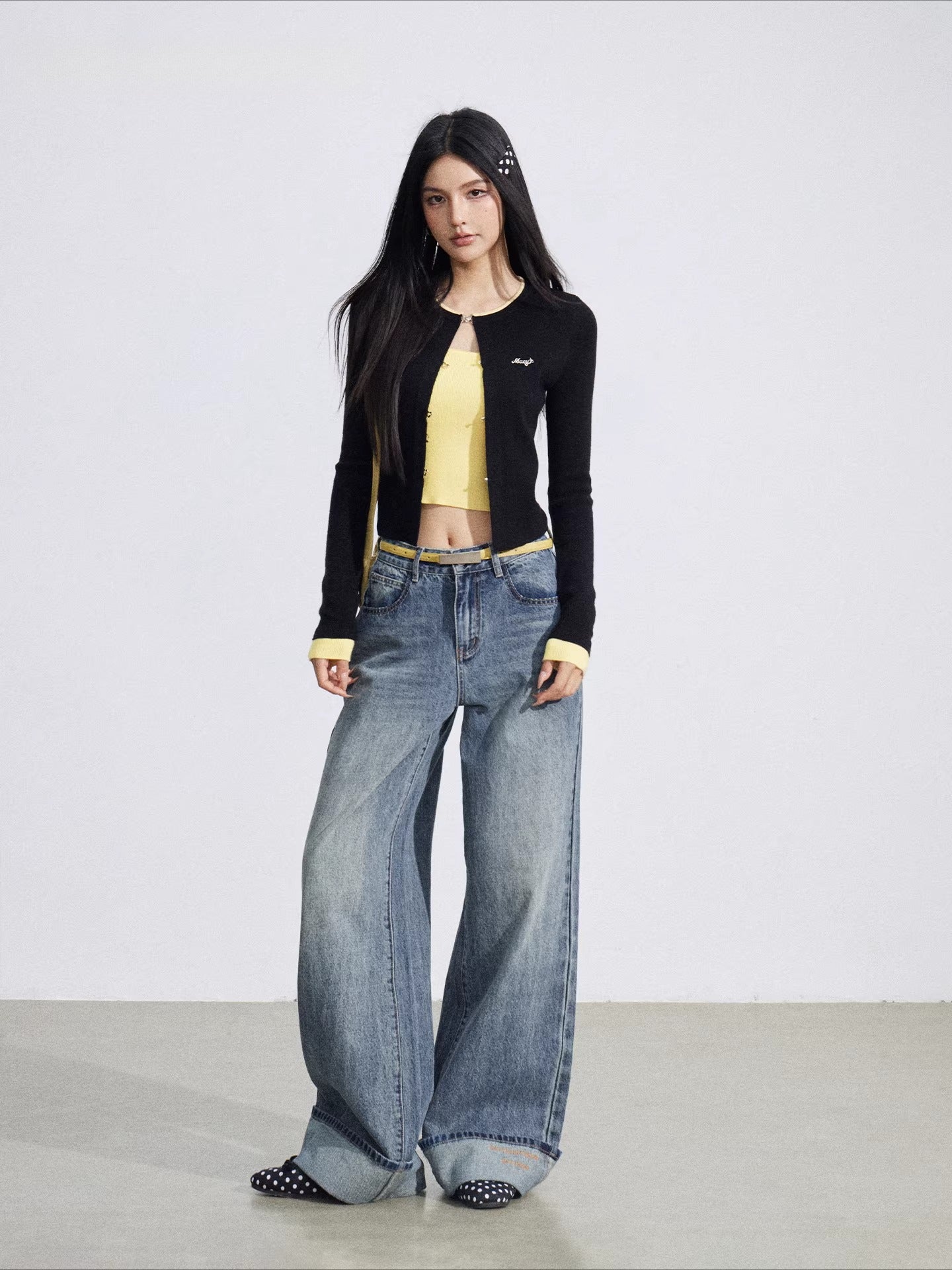 Blue Embroidered Cuff Wide Jeans