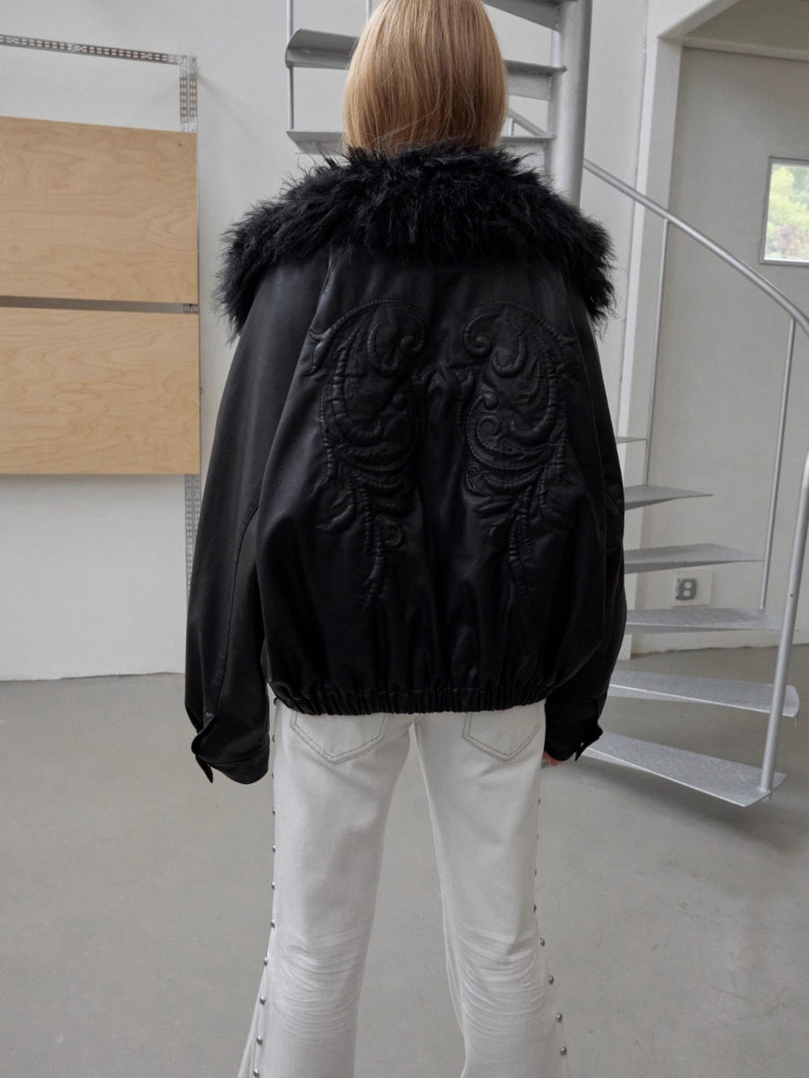 Embroidered Faux Fur Collar Leather Jacket