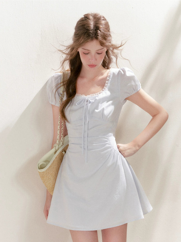 Pleated Puff Sleeve Dress