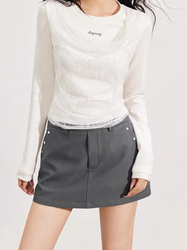 Beige Lace Patchowrk 2-in-1 Blouse