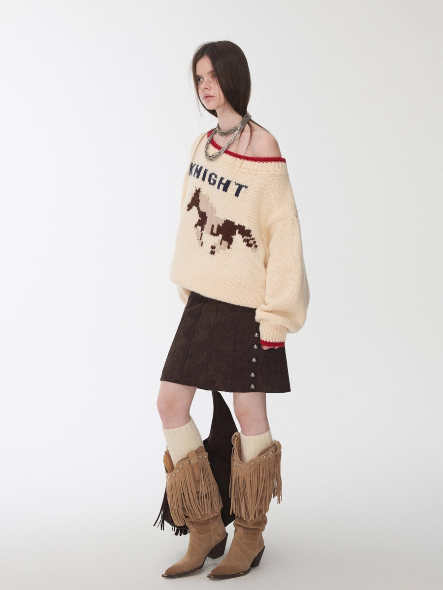 Fair Isle Icelandic Off-Shoulder Chunky Knit Sweater