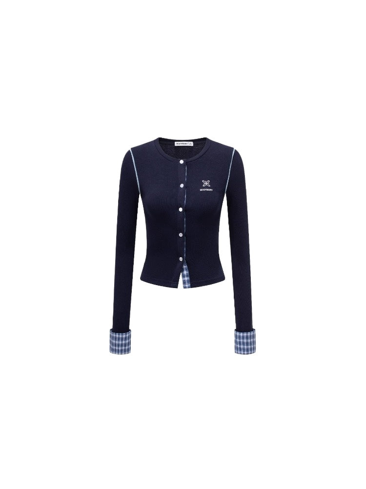 Navy Plaid Embroidered Knit Top