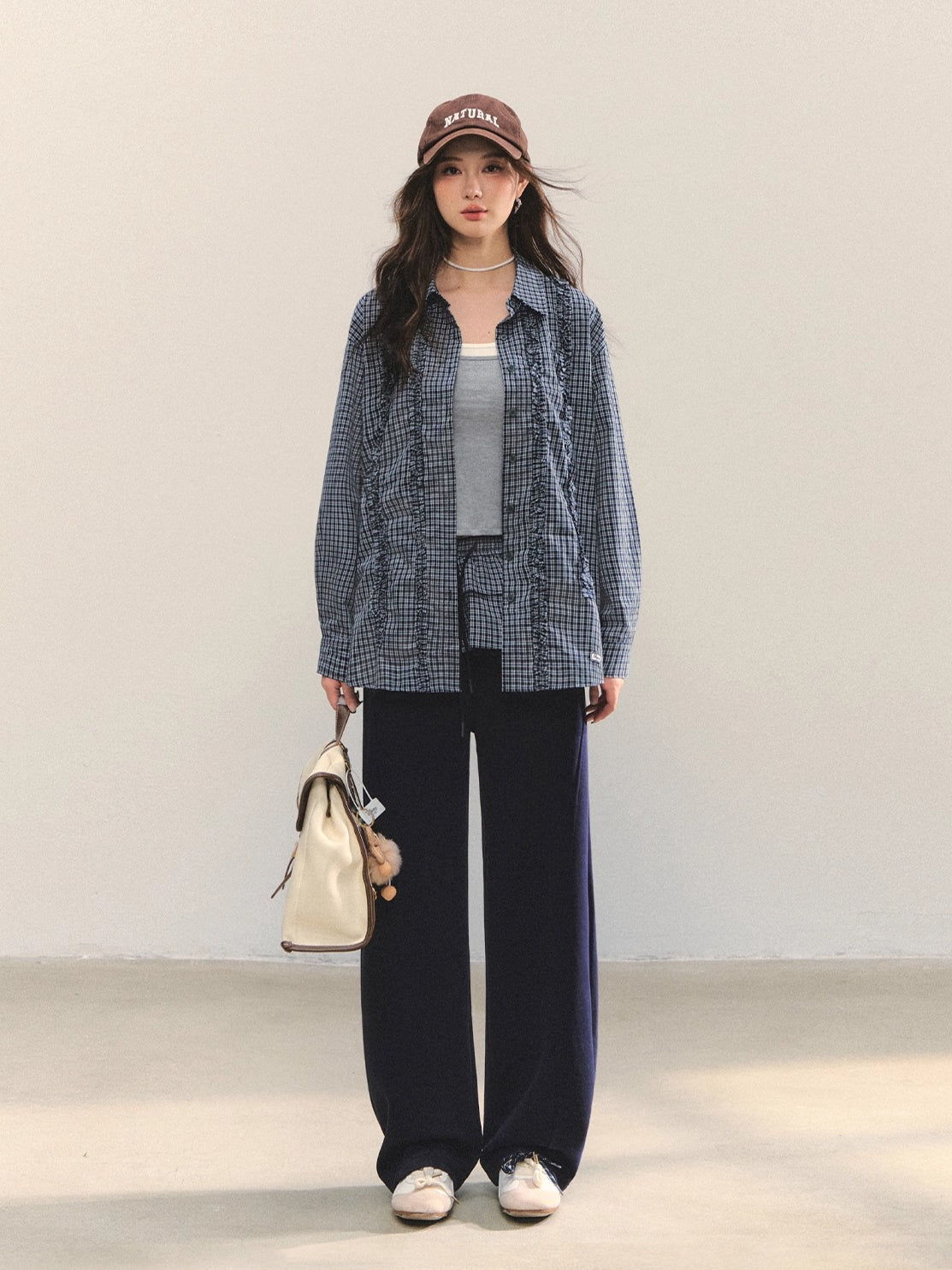 Plaid Ruffle Drawstring Pleated Shirt & Sweatpants Set