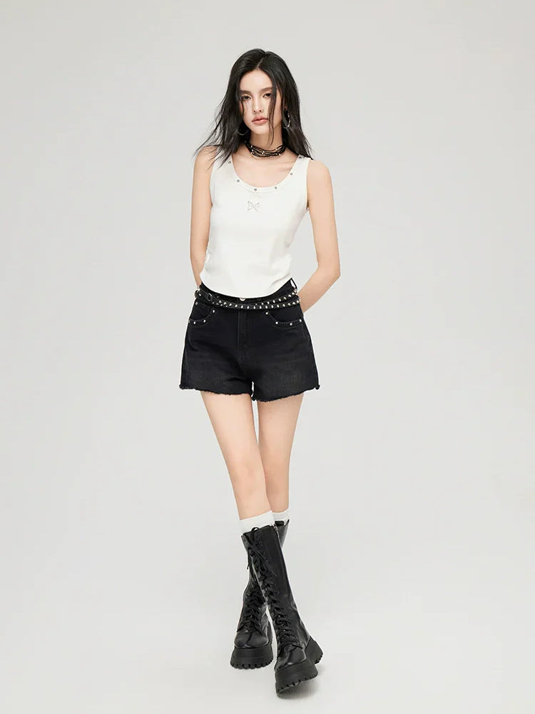 White & Black Butterfly Printed U-neck Tank Top