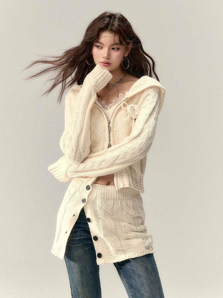 Black & Apricot Buttoned Knit Skirt