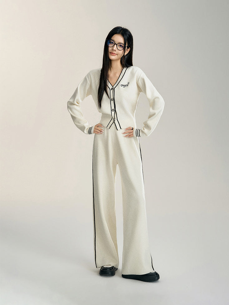 Black & Off-white V-neck Knitted Cardigan Set