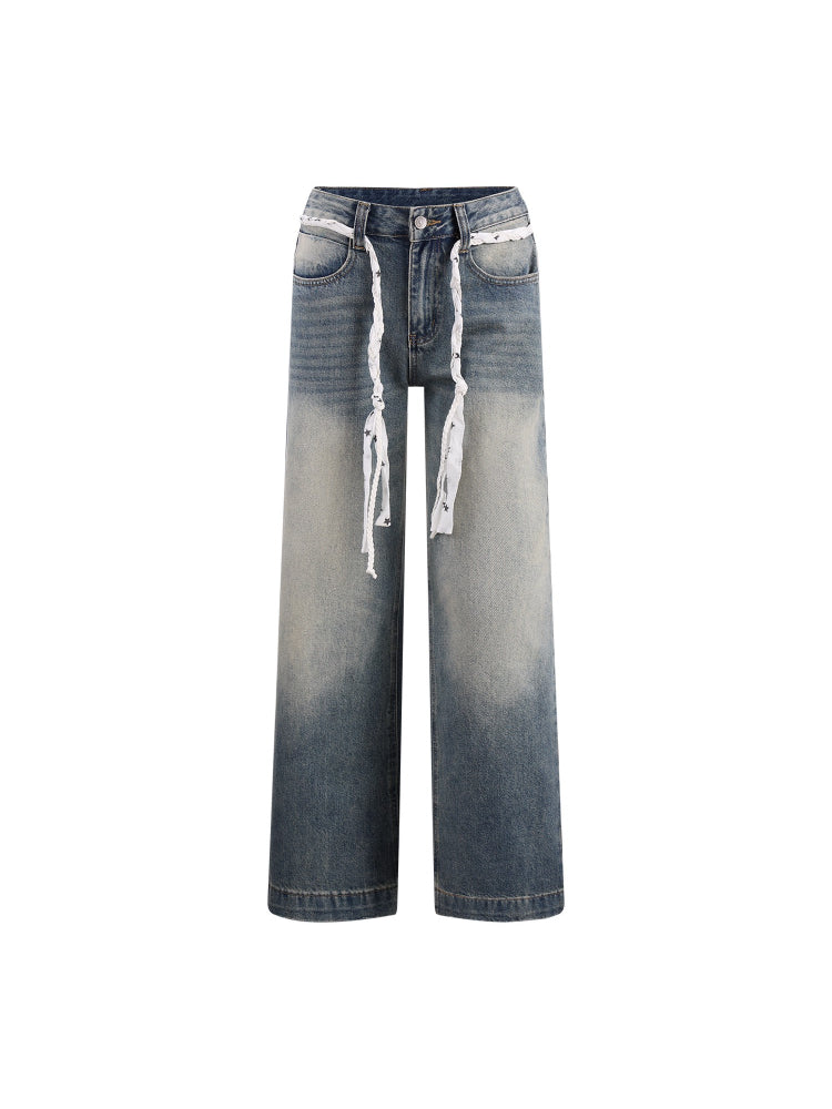 Vintage Star Tie Straight-Leg Denim Pants