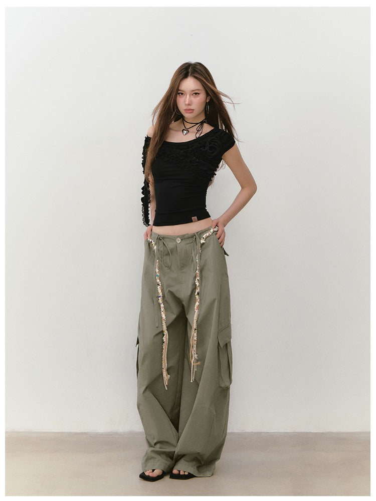 Wide-Leg Beaded Cargo Large Pockets Pants