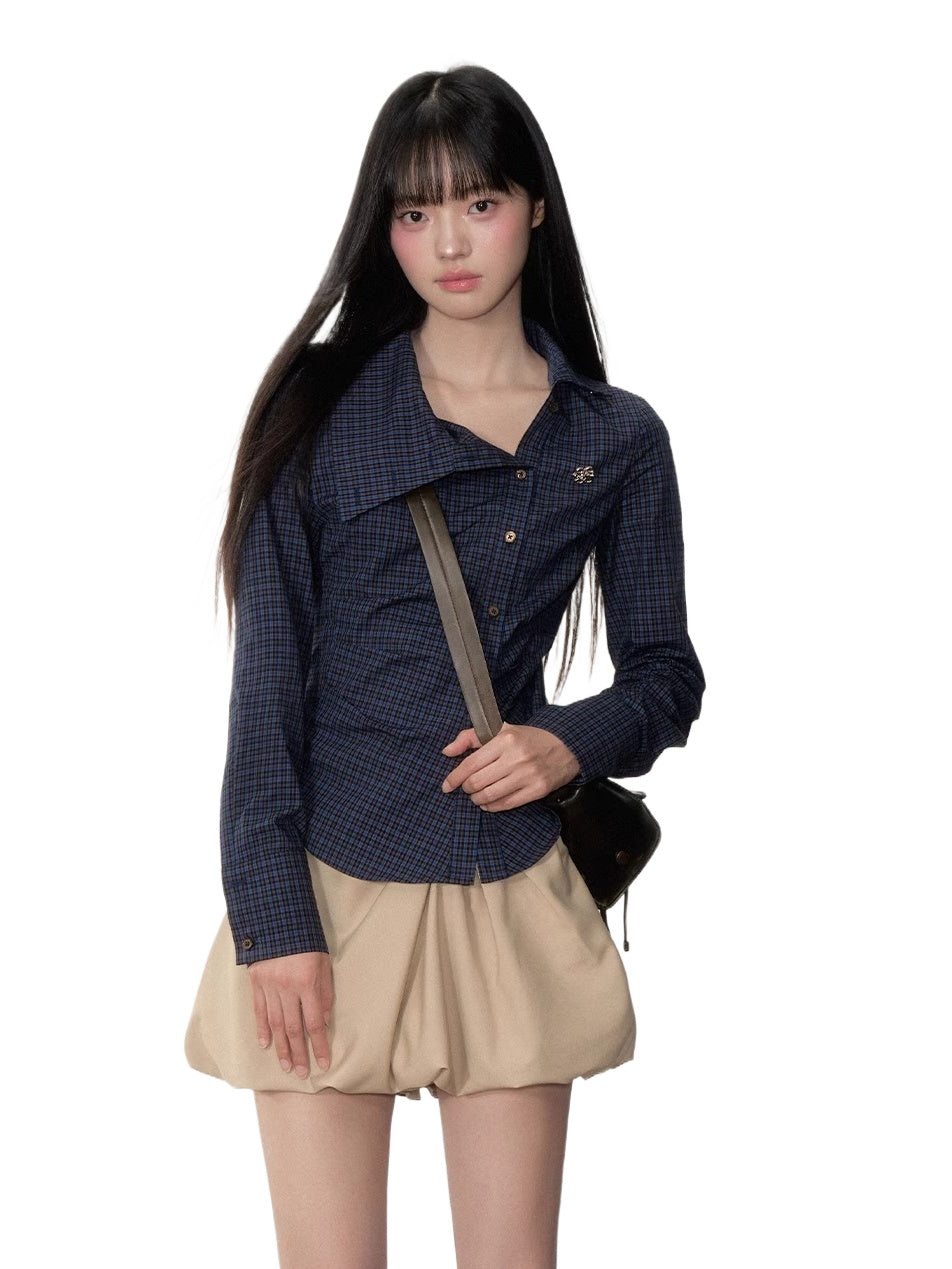 Navy Blue Plaid Lapel Collar Shirt