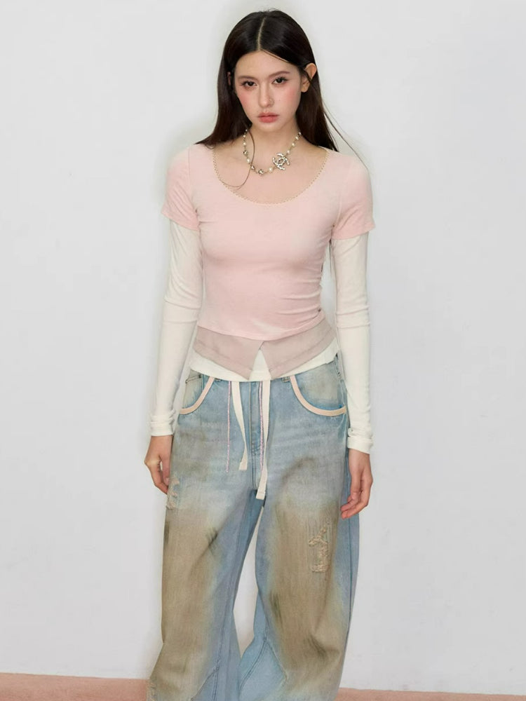 Colorblock Faux Layered Long Sleeve Tee