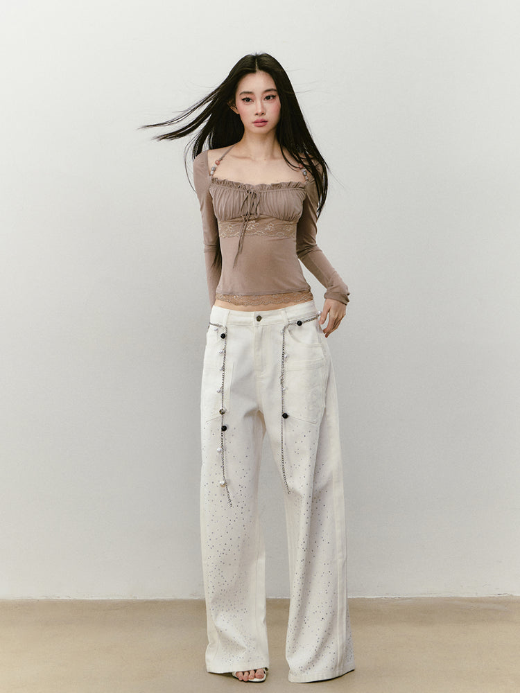 Lace Panel Beaded Acetate T-shirt